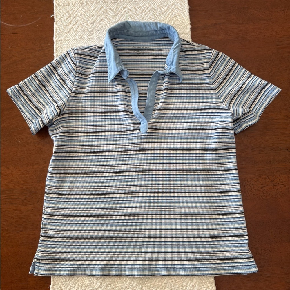 👚 Vintage Charter Club Blue and White Striped Short Sleeve Polo size Medium